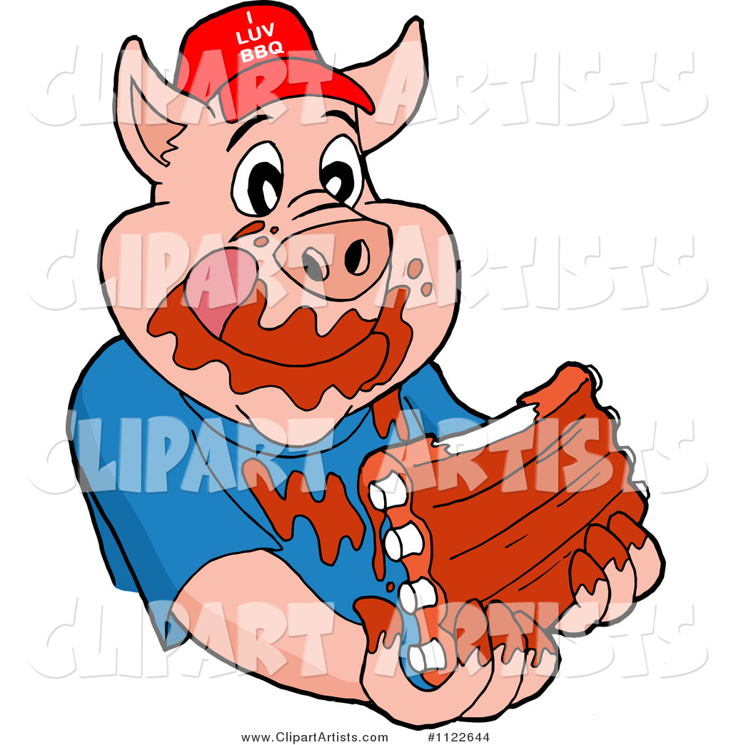 Pig Wearing a Hat and Eating Messy Ribs
