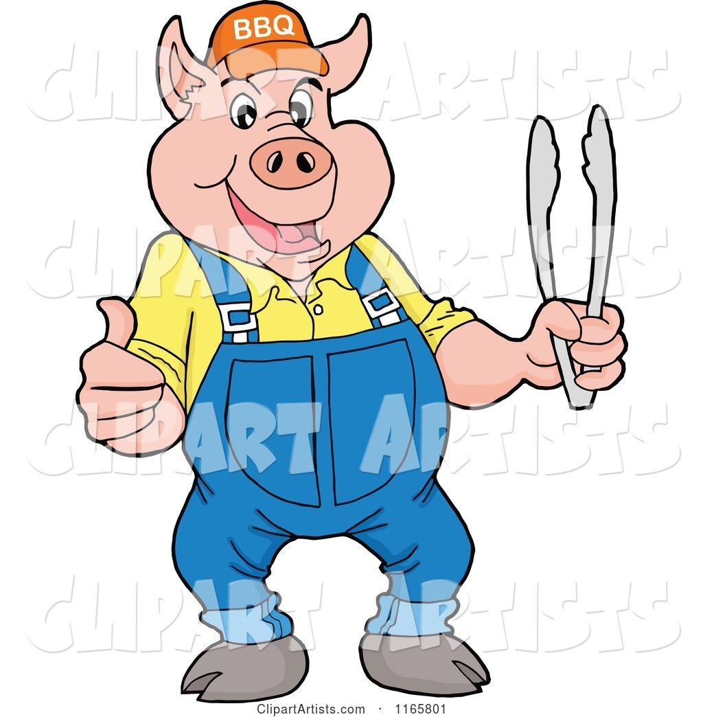 Pig Wearing Overalls and a Bbq Hat and Holding Tongs and a Thumb up