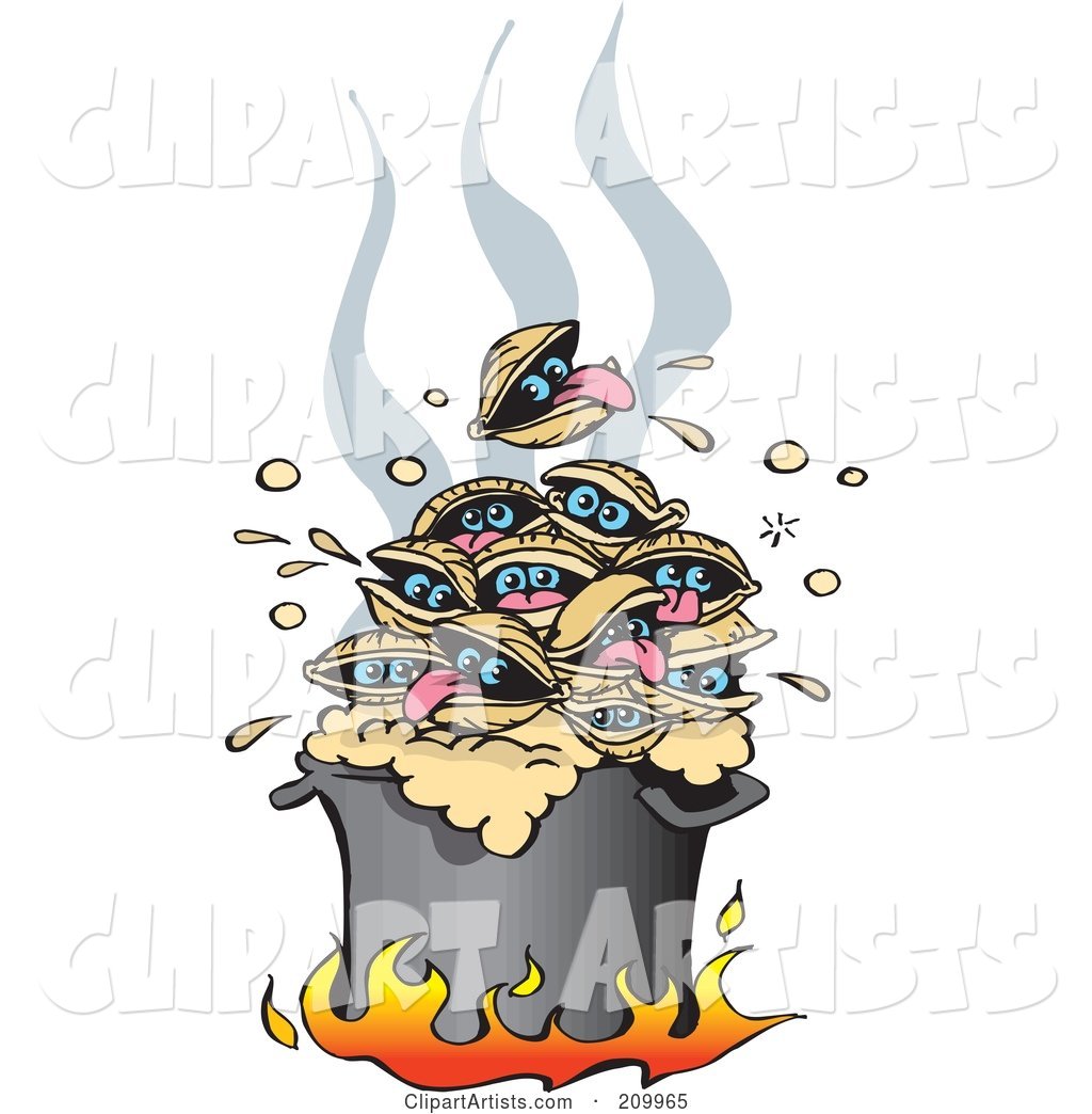 Pile of Hot Clams Cooking in a Pot over Flames