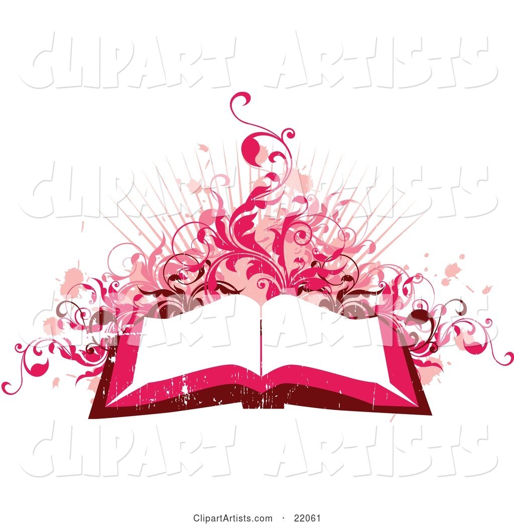 Pink and Red Toned Background of an Open Book with White Pages with Pink Paint Splatters, Vines and Bursts on White