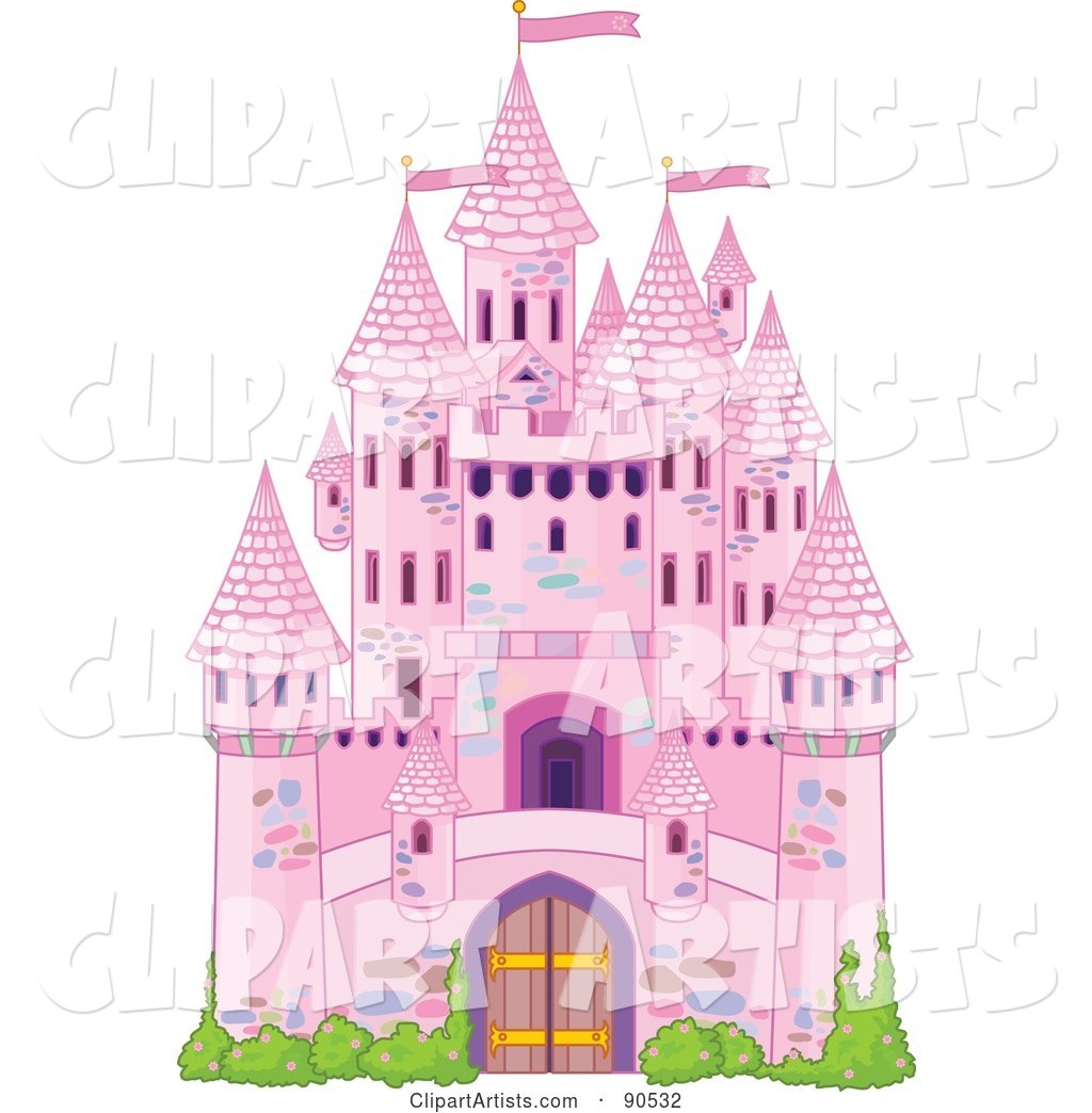 Pink Fairy Tale Castle with Turrets and Shrubs