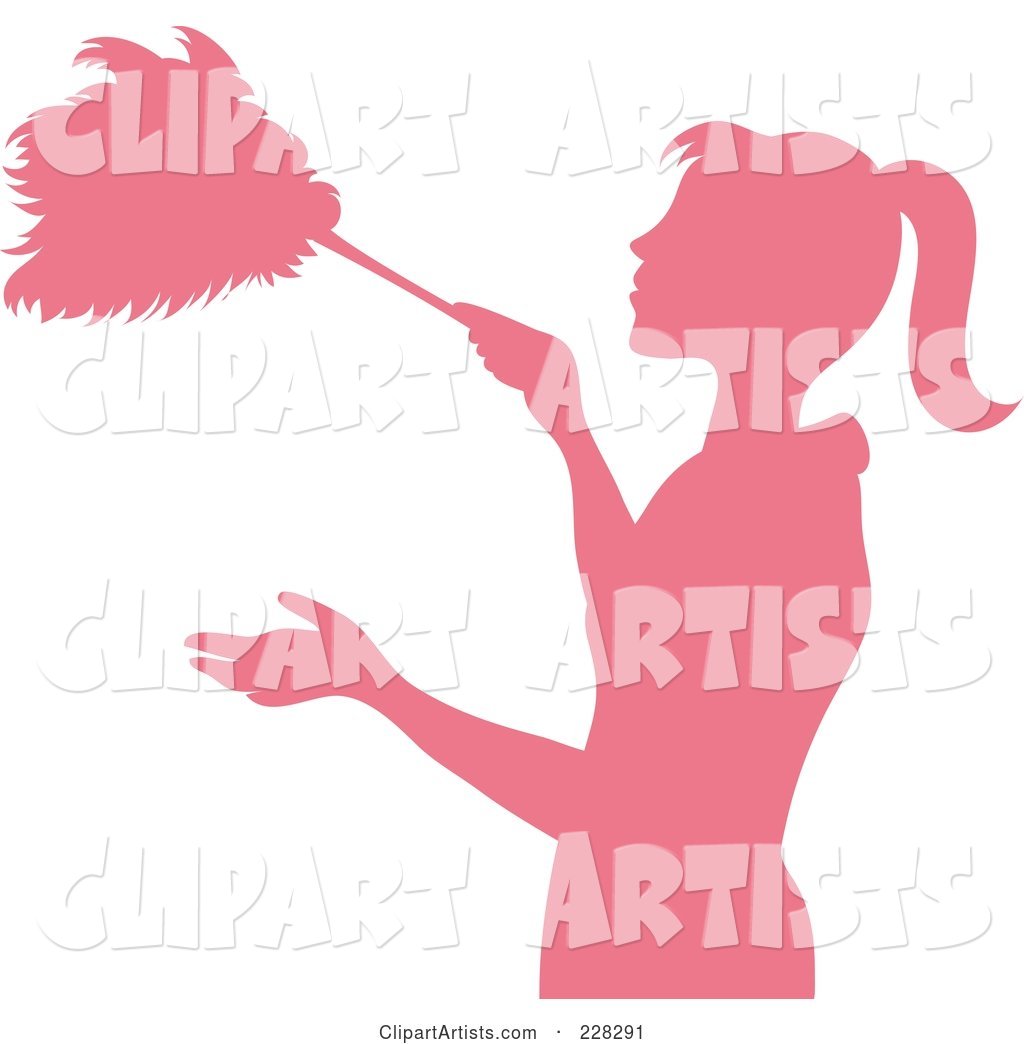 Pink Silhouetted Maid Dusting with a Feather Duster