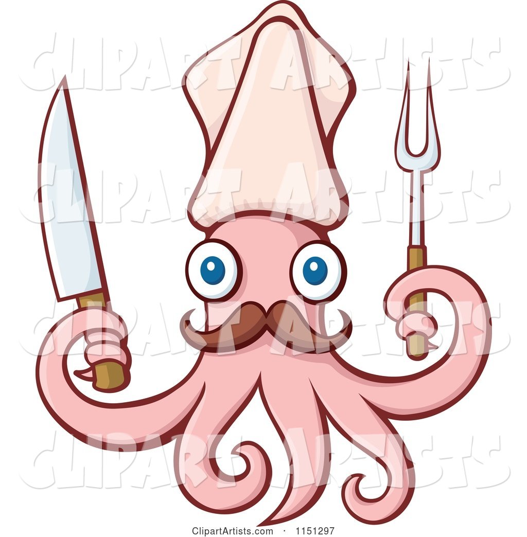 Pink Squid Chef with a Knife and Barbecue Fork