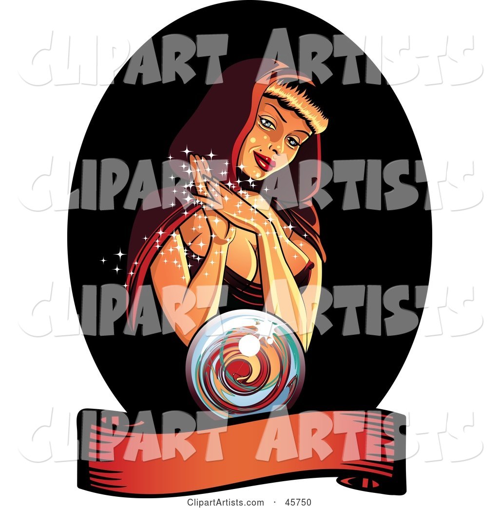 Pinup Gypsy Woman Telling a Fortune and Gazing at a Crystal Ball, with a Blank Banner