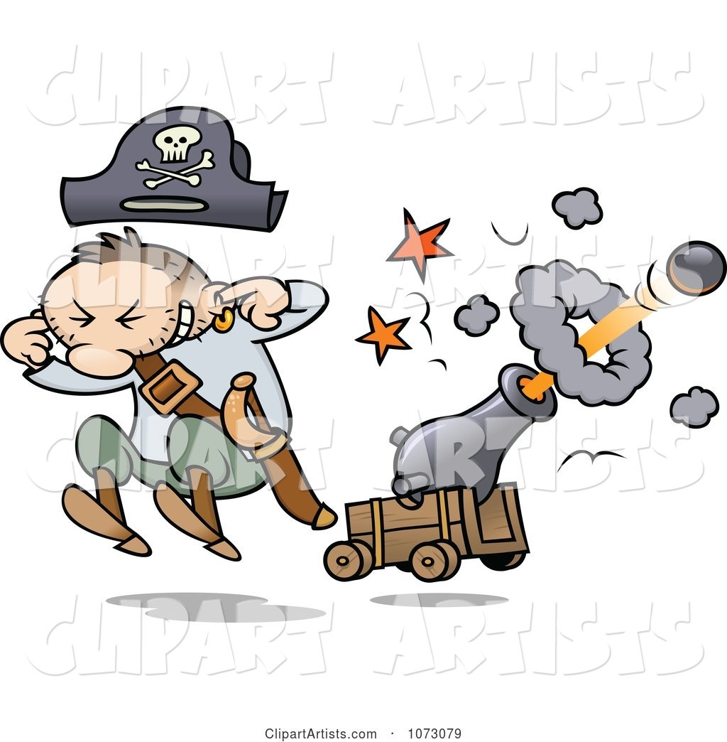 Pirate Jumping and Plugging His Ears While a Cannon Shoots a Ball