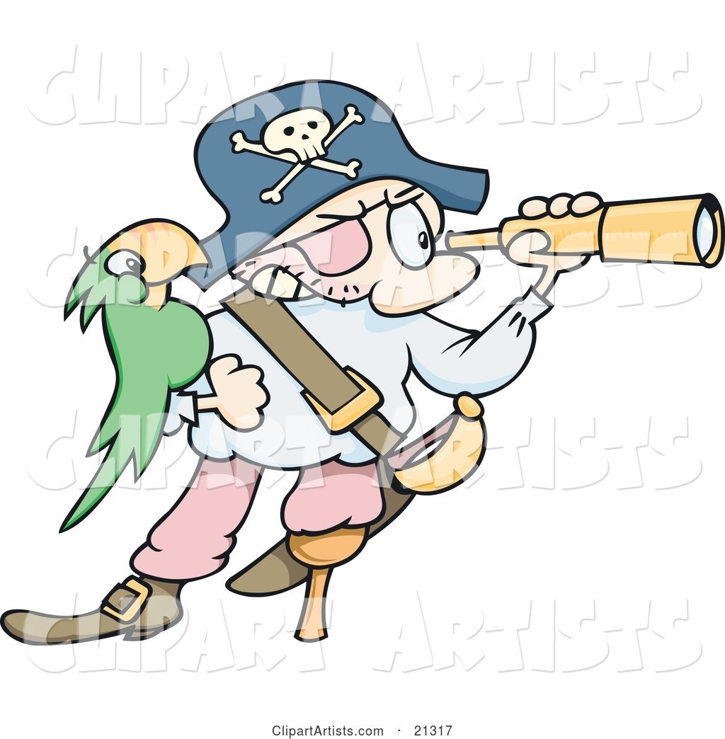 Pirate Man in a Jolly Roger Hat, Peering Through a Telescope, His Green Parrot on His Arm