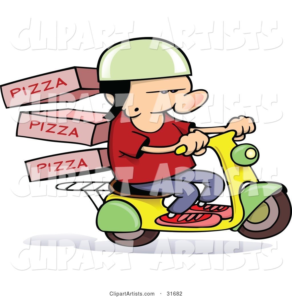 Pizza Delivery Boy on a Scooter, Boxes on the Rack Behind Him