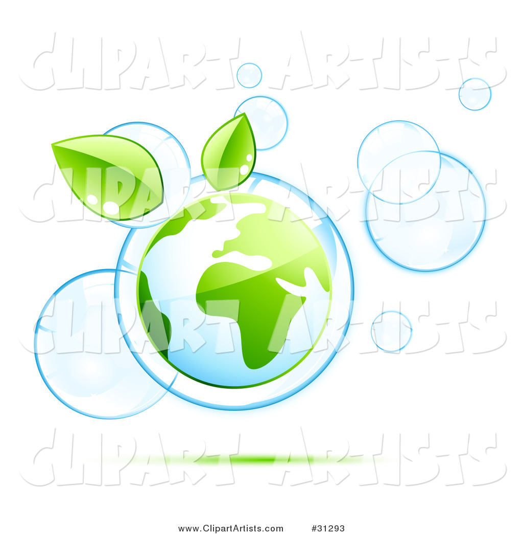 Planet Earth and Two Green Leaves Floating Inside Blue Bubbles