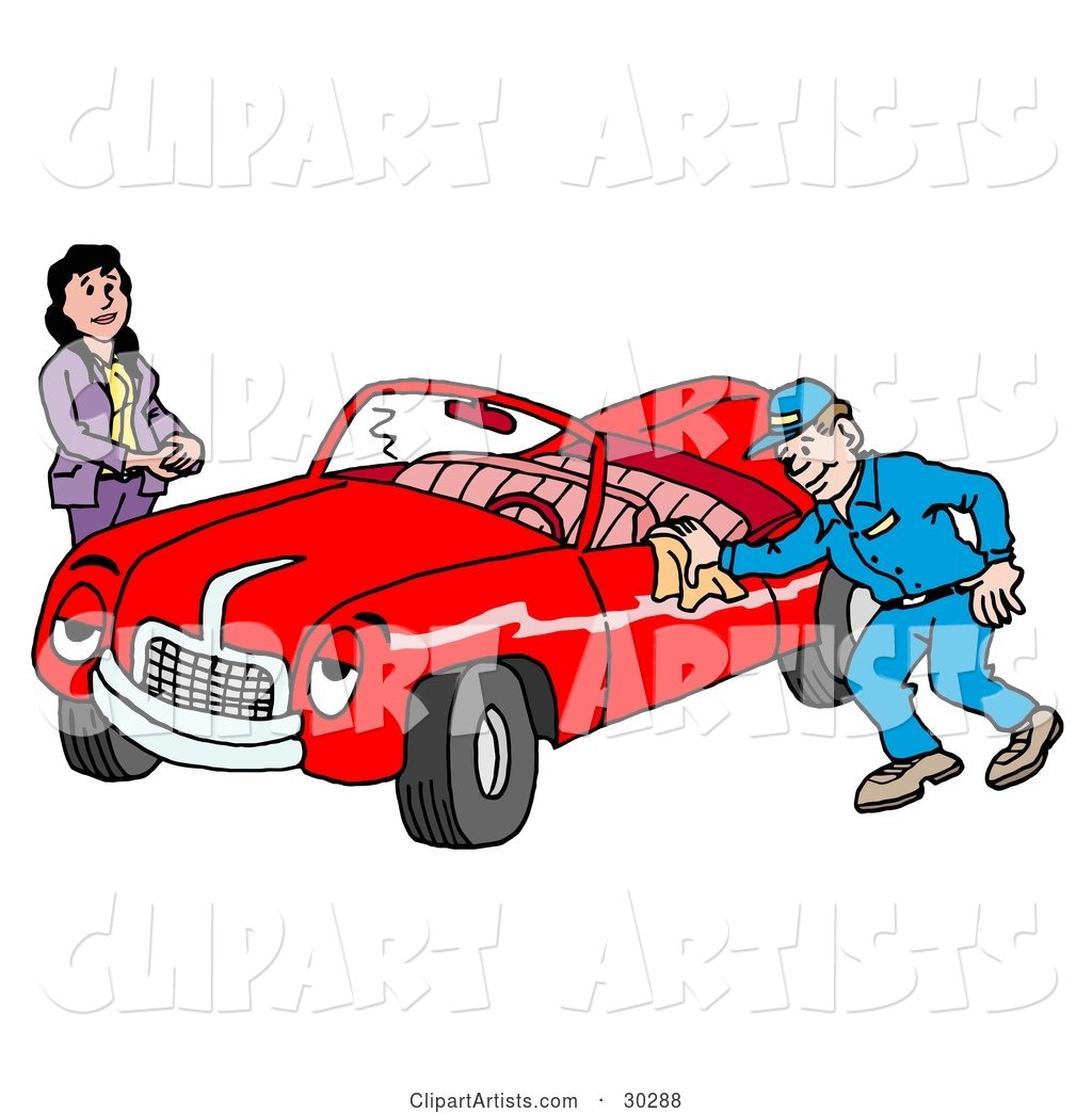 Pleasant Auto Mechanic Man Smiling While Shining a Classic Red Convertible Car for a Lady