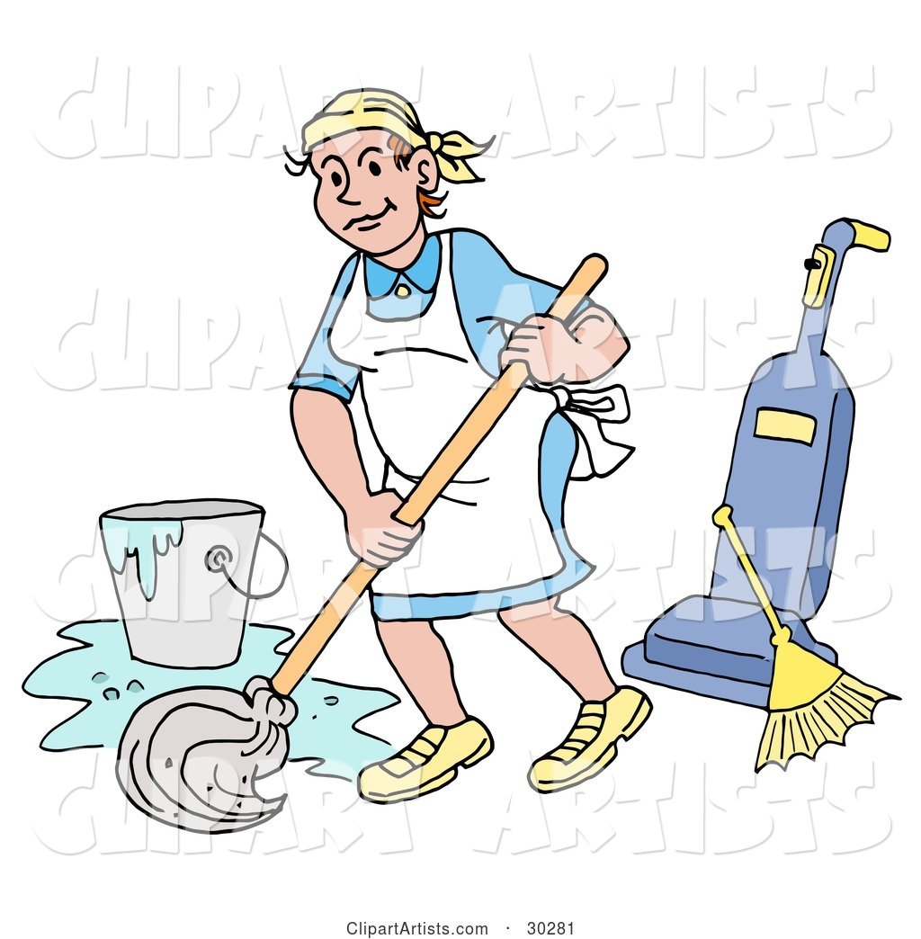 Pleasant Caucasian Housewife, Maid, House Keeper, Custodian or Janitor Woman Mopping a Floor near a Broom and Vacuum