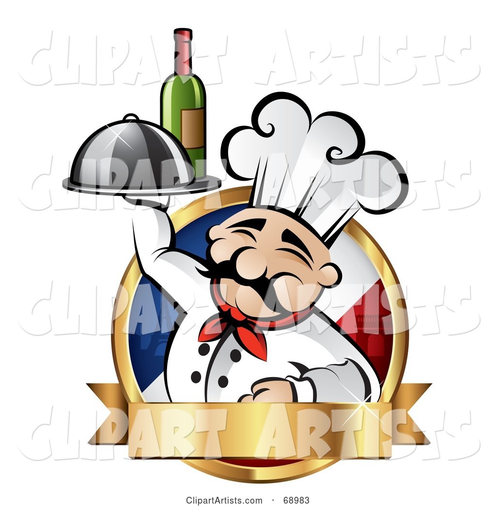 Pleasant Chef Holding Wine and a Platter on a French Logo with a Gold Banner