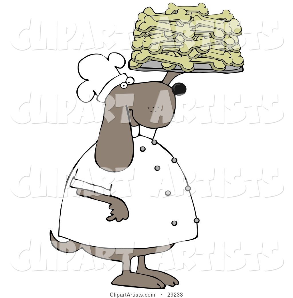 Pleased Dog Chef in a Uniform, Holding up a Tray of Doggy Biscuits in a Bakery