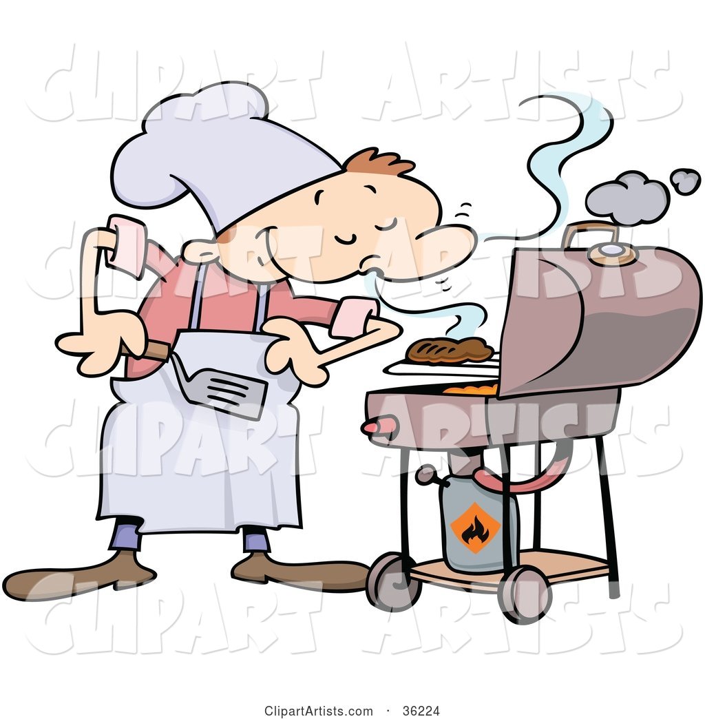 Pleased Male Chef Smelling His Burgers on a Grill