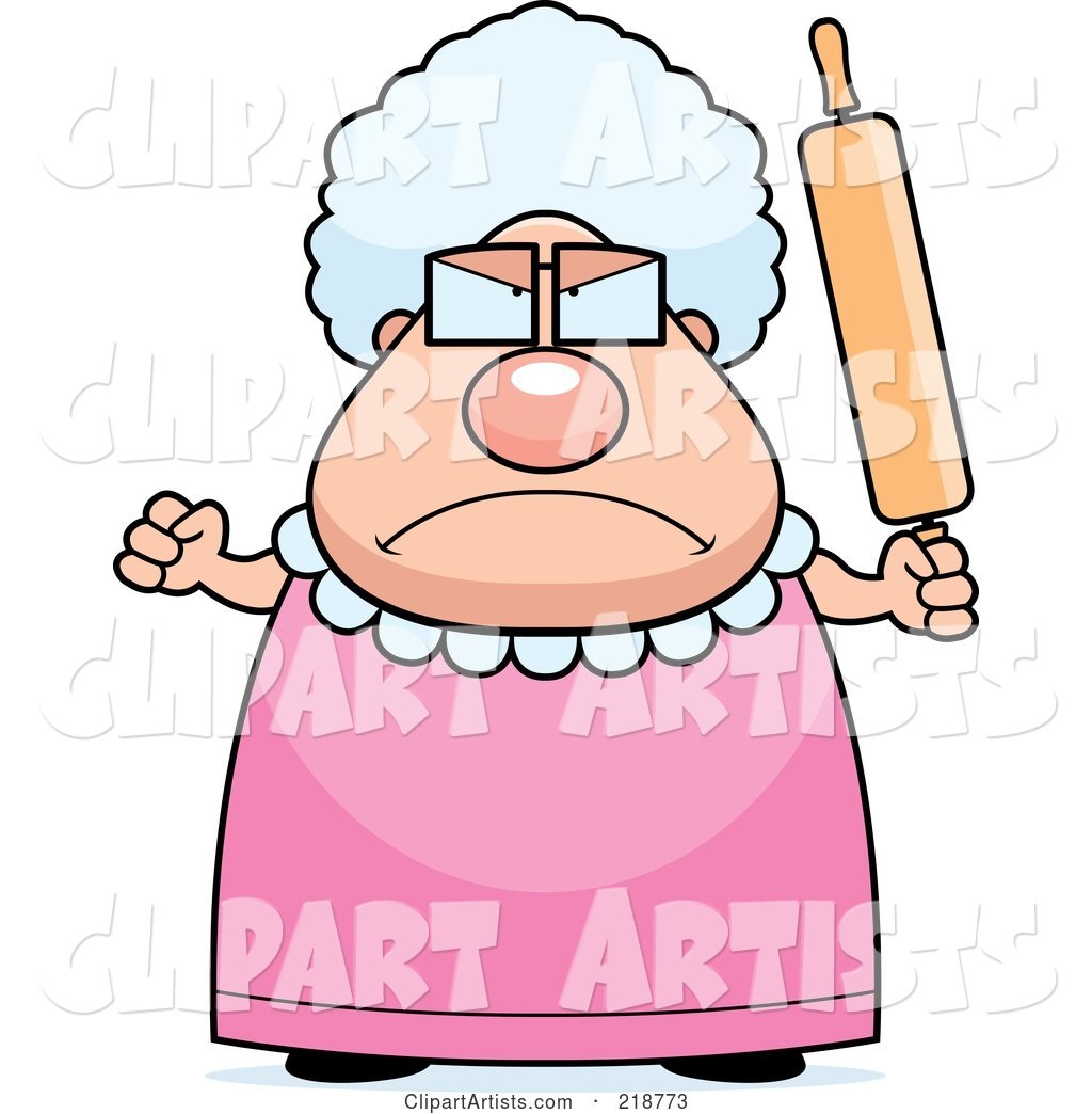 Plump Granny Waving a Rolling Pin in Anger