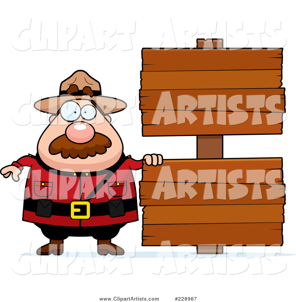 Plump Mountie Man Standing by Two Blank Wood Signs