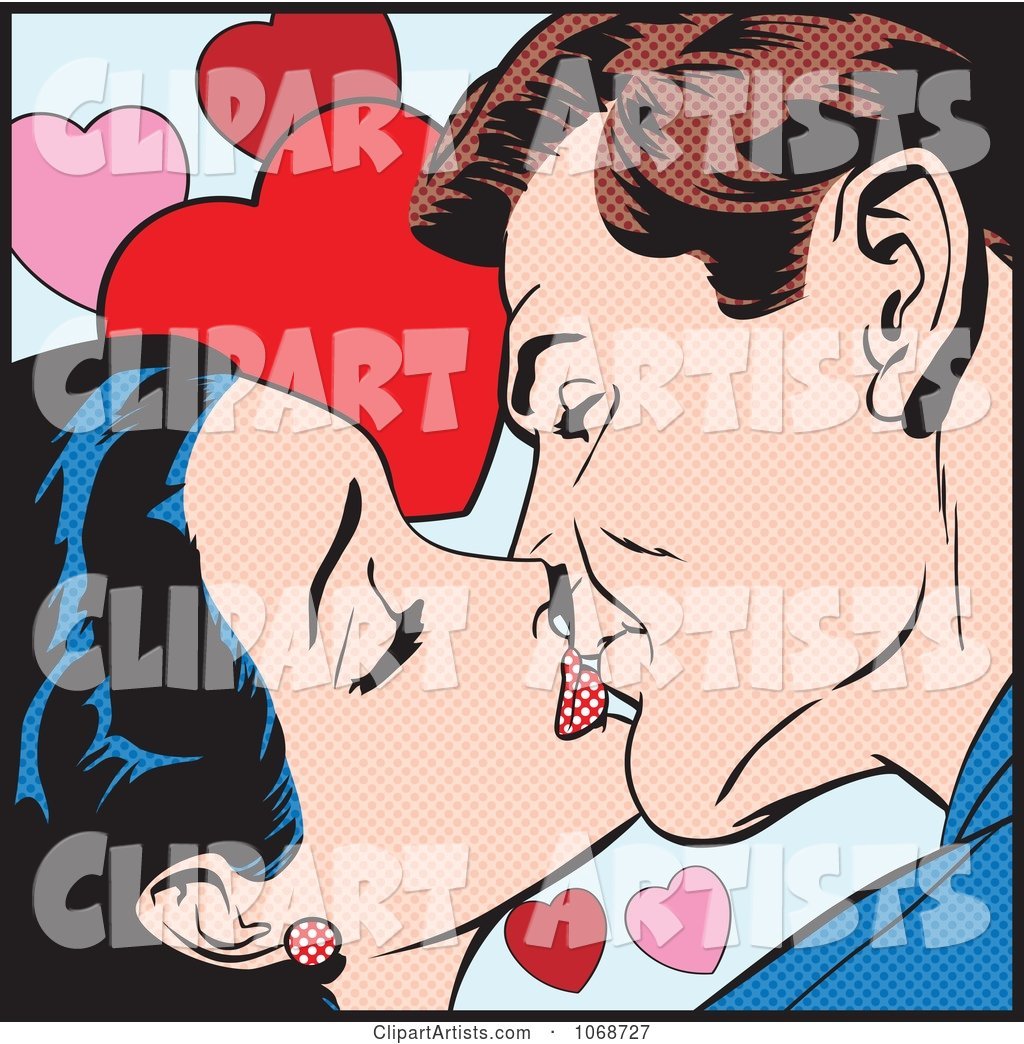 Pop Art Couple Kissing over Hearts