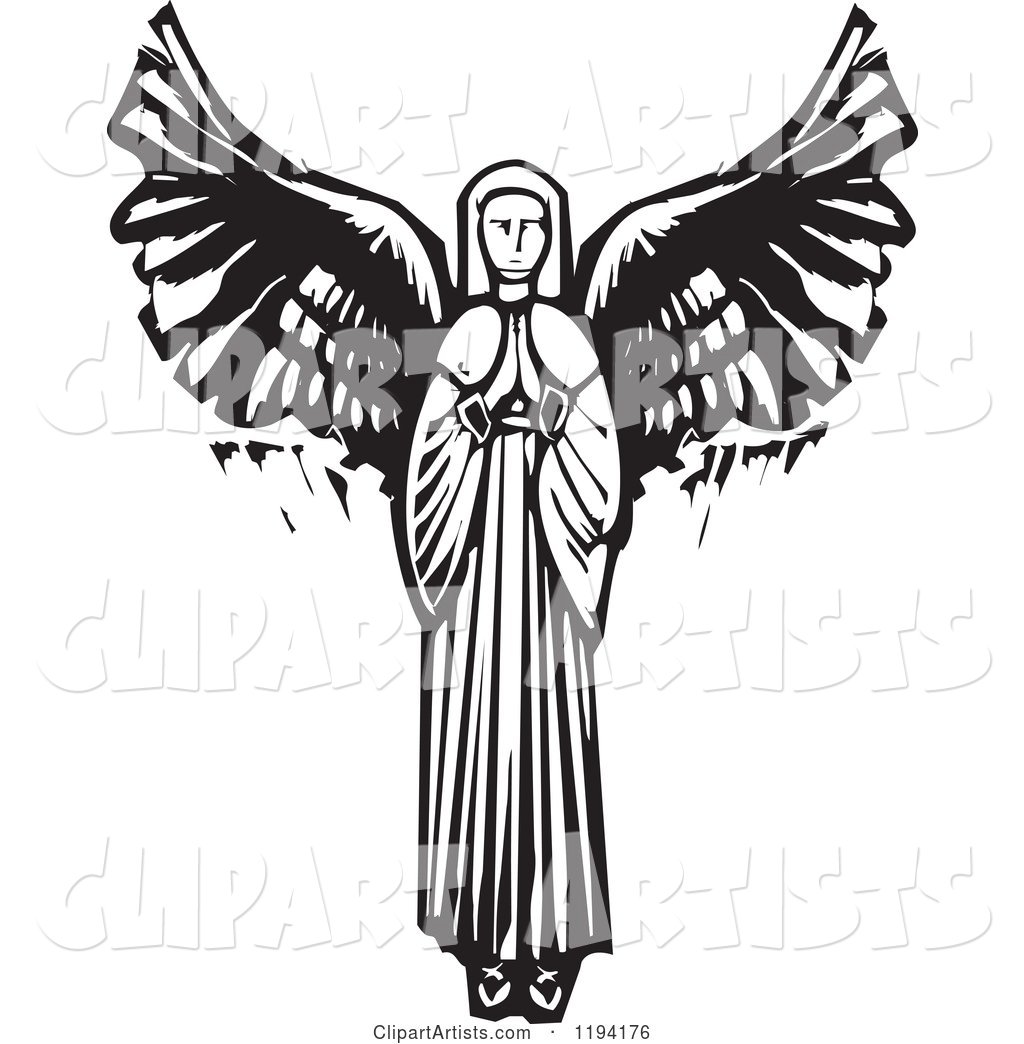 Praying Female Angel Black and White Woodcut