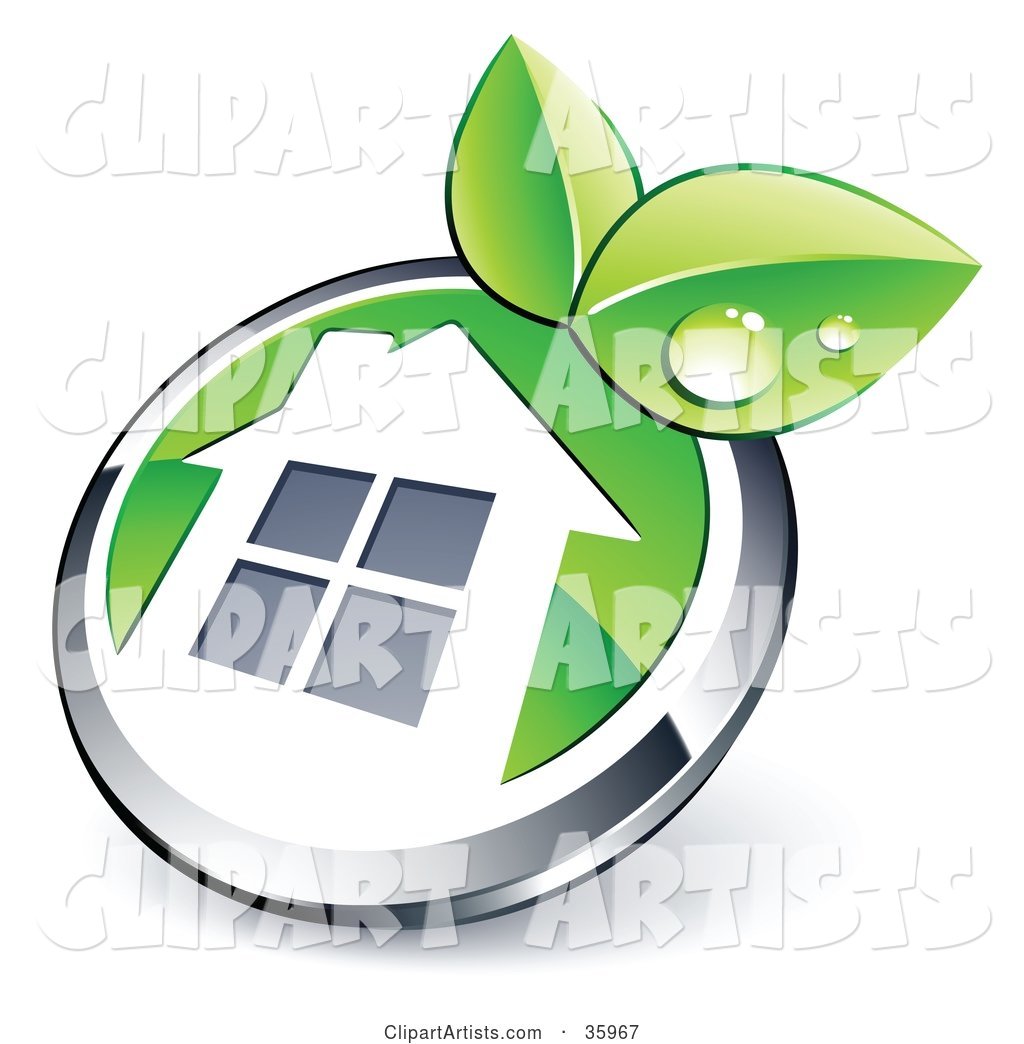 Pre-Made Logo of a Shiny Round Chrome and Green Home Button with Leaves