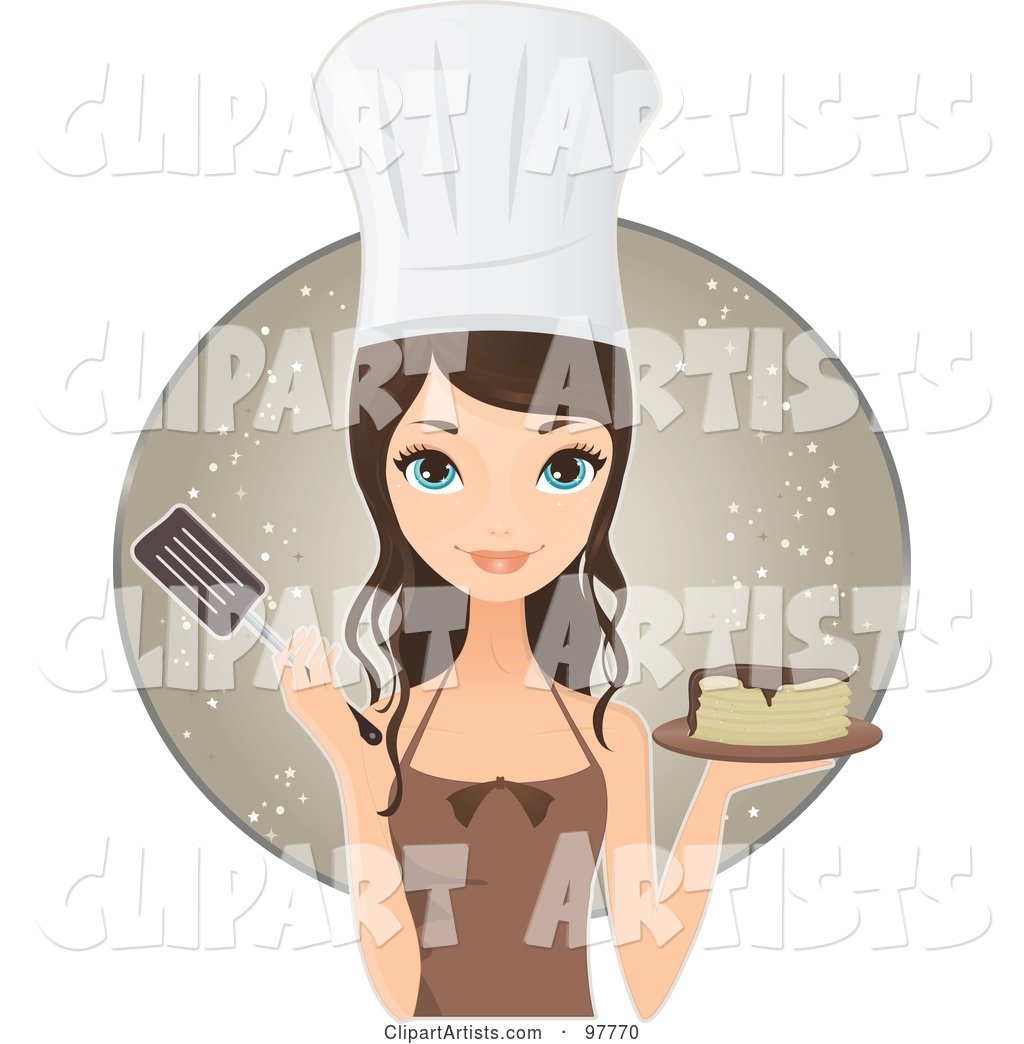 Pretty Brunette Chef Woman Holding Pancakes and a Spatula