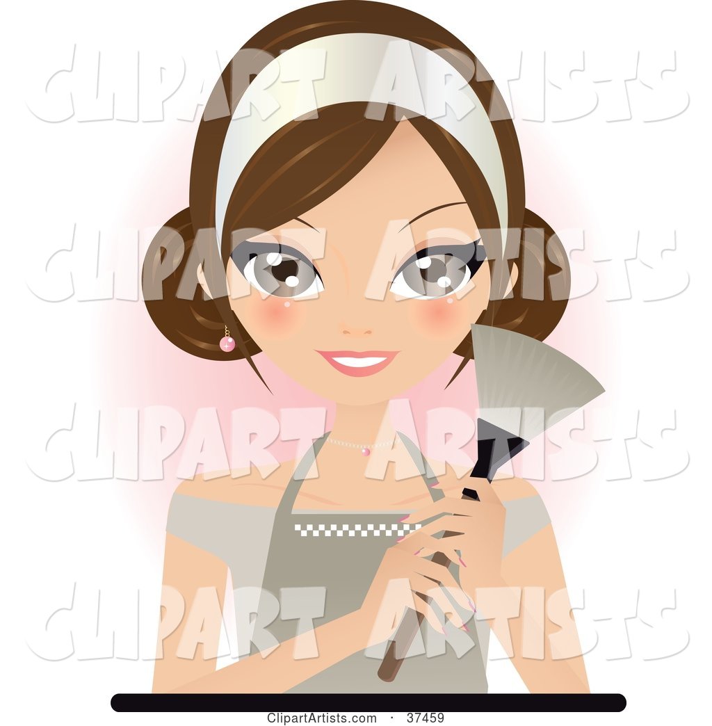Pretty Brunette Maid in an Apron, Holding a Feather Duster