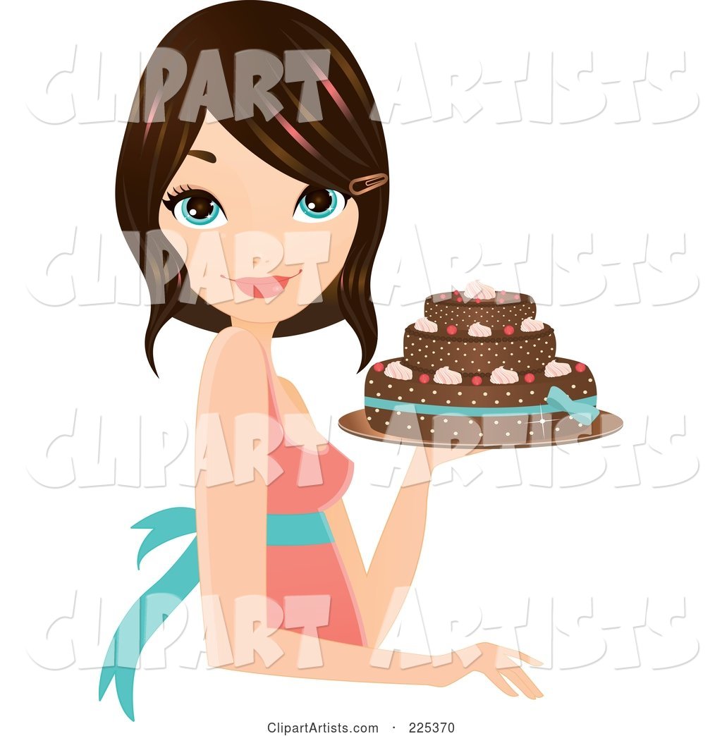 Pretty Brunette Woman Holding a Decorated Cake and Smiling
