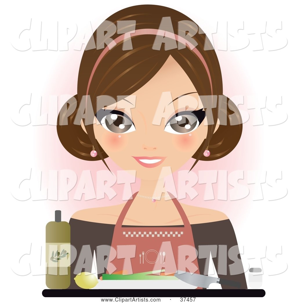 Pretty Female Chef with Oil, a Knife, Lemon and Vegetables on a Cutting Board