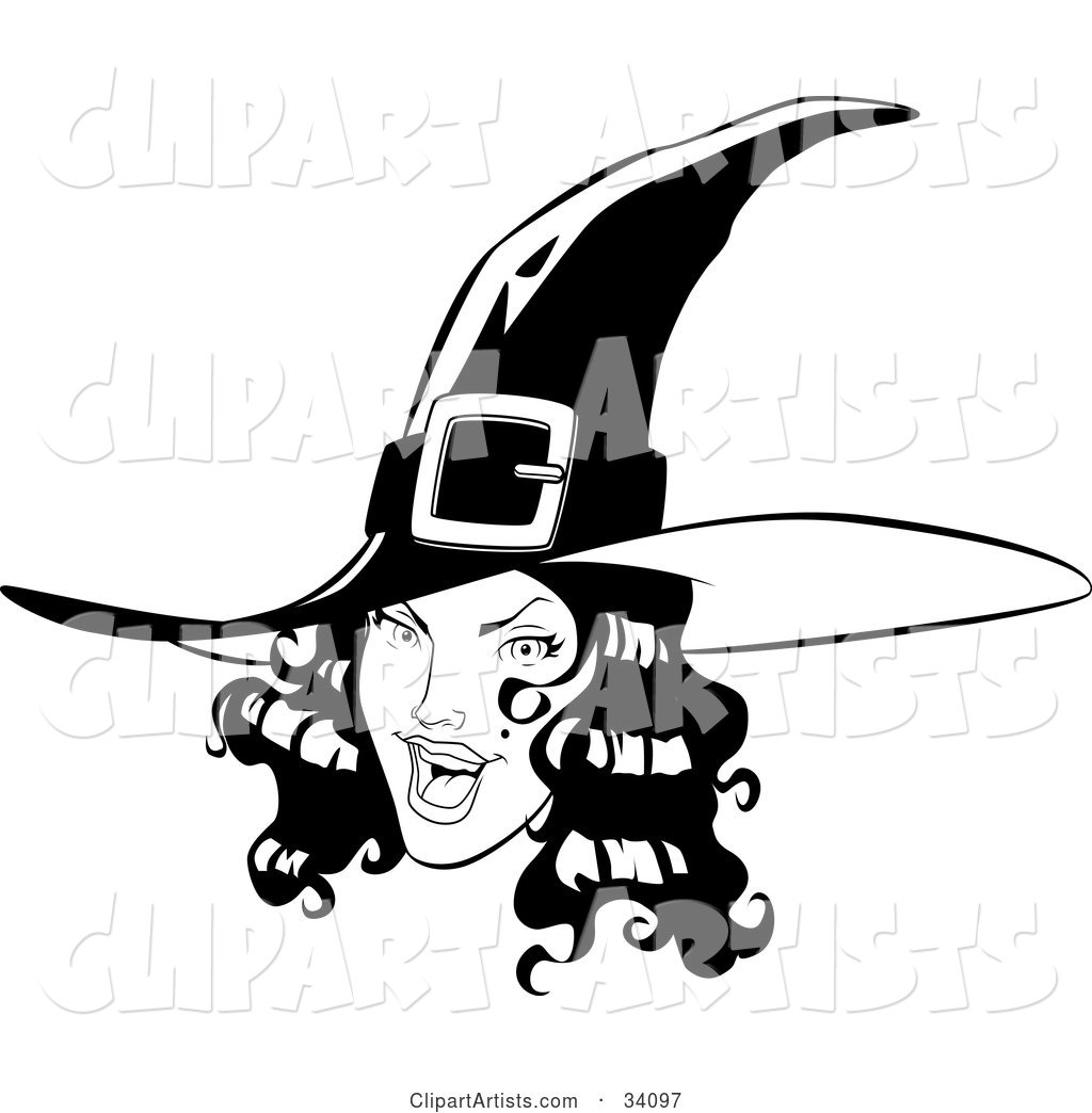 Pretty Young Witch with Black Wavy Hair, Wearing a Pointy Hat and Flashing a Flirty Expression at the Viewer