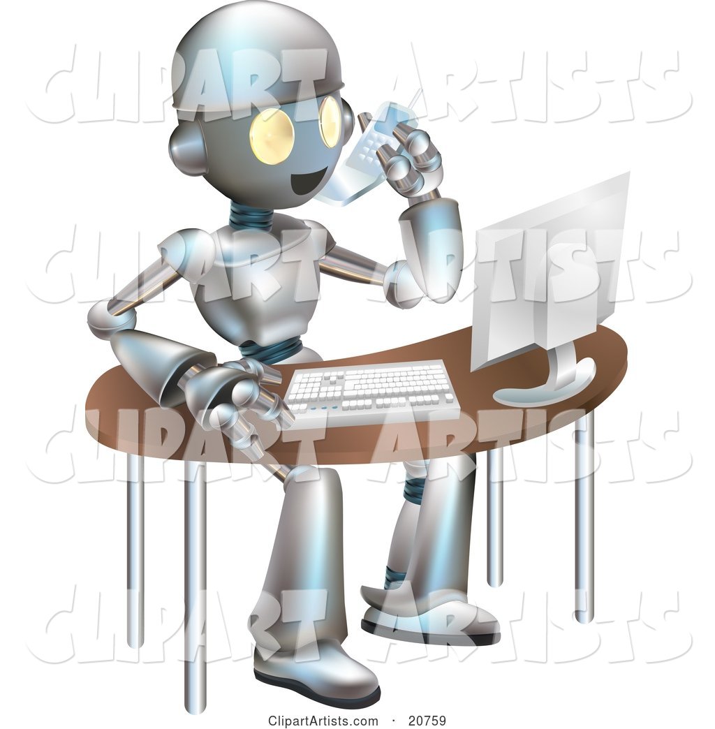 Professional Metallic Robot Character Talking on a Cell Phone and Working on a Computer at an Office Desk