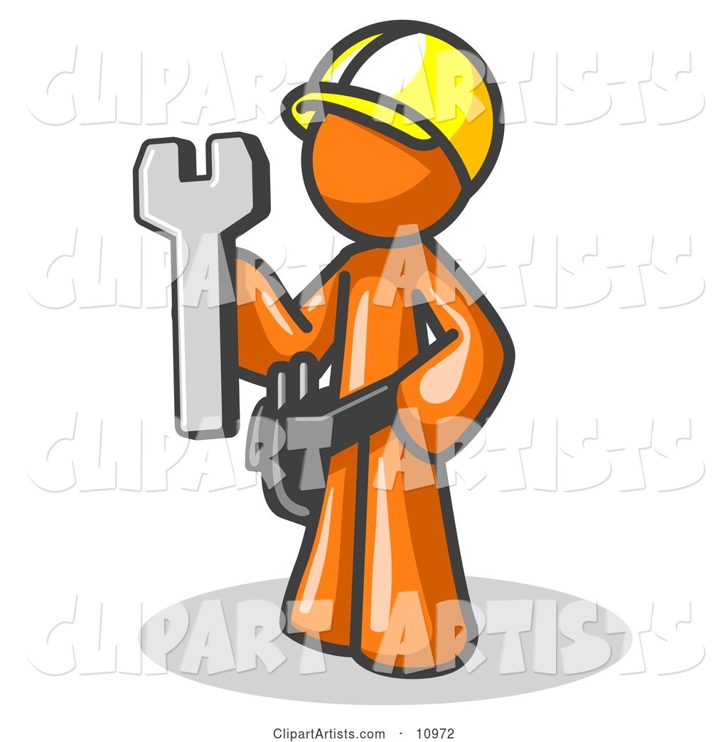 Proud Orange Construction Worker Man in a Hardhat, Holding a Wrench