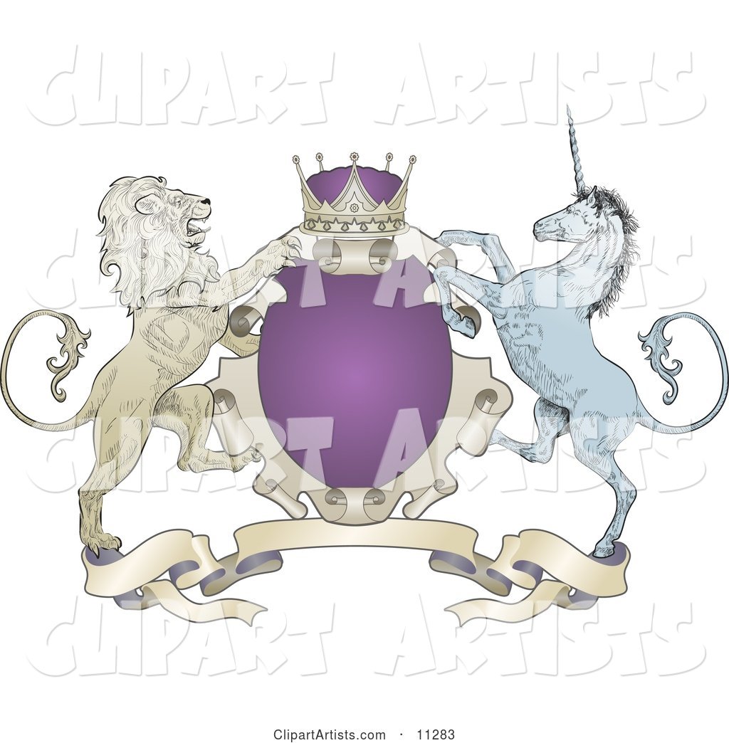 Purple Crown, Lion, and Blue Unicorn on a Coat of Arms