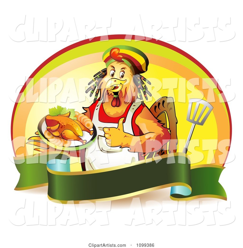 Rastarfarian Chef Rooster Holding a Plate of Chicken and a Thumb up over a Banner with a Spatula and Oval