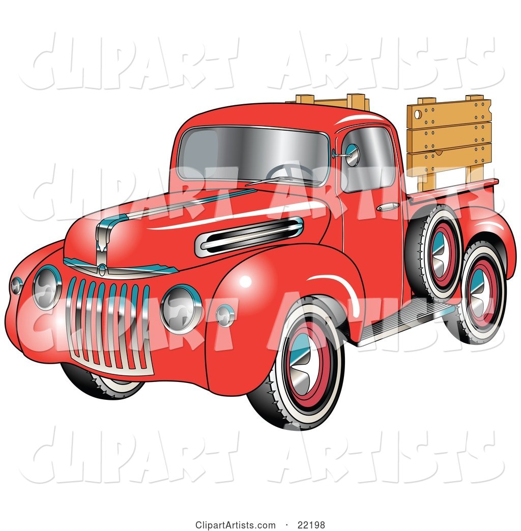 Red 1945 Ford Pickup Truck with a Spacfe Tire on the Side And, Chrome Accents, Red Wall Tires and Wooden Panels Along the Truck Bed