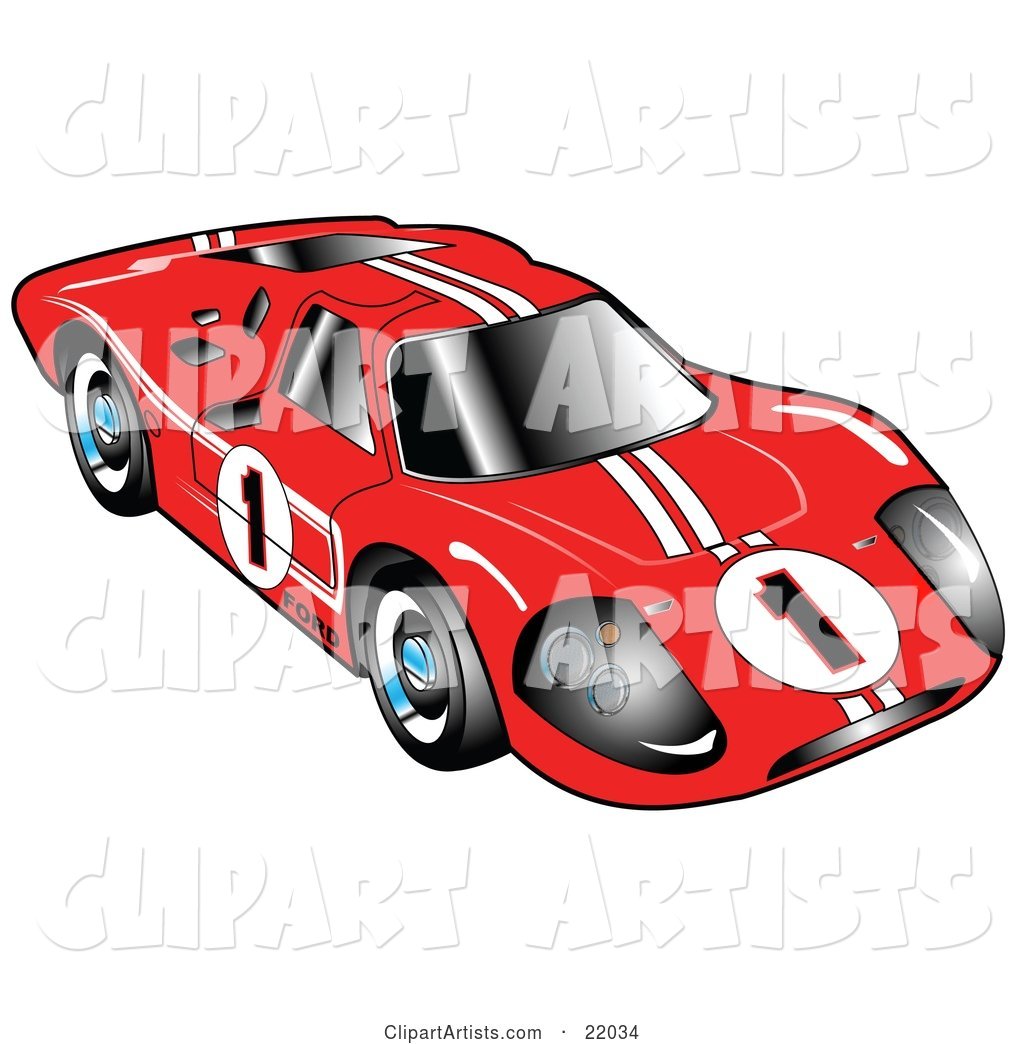 Red 1967 Ford Mark IV GT40 Racing Car with White Stripes and the Number 1