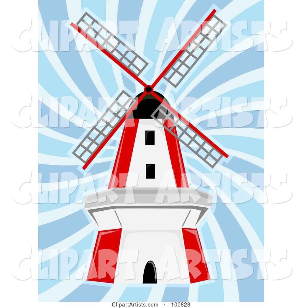 Red and White Windmill in Blue Swirling Wind