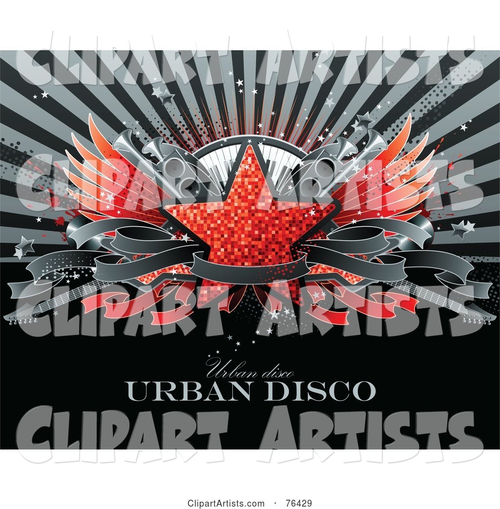 Red Glitter Star with Wings, Speakers, a Keyboard, Guitars and a Blank Banner over a Burst with Sample Text