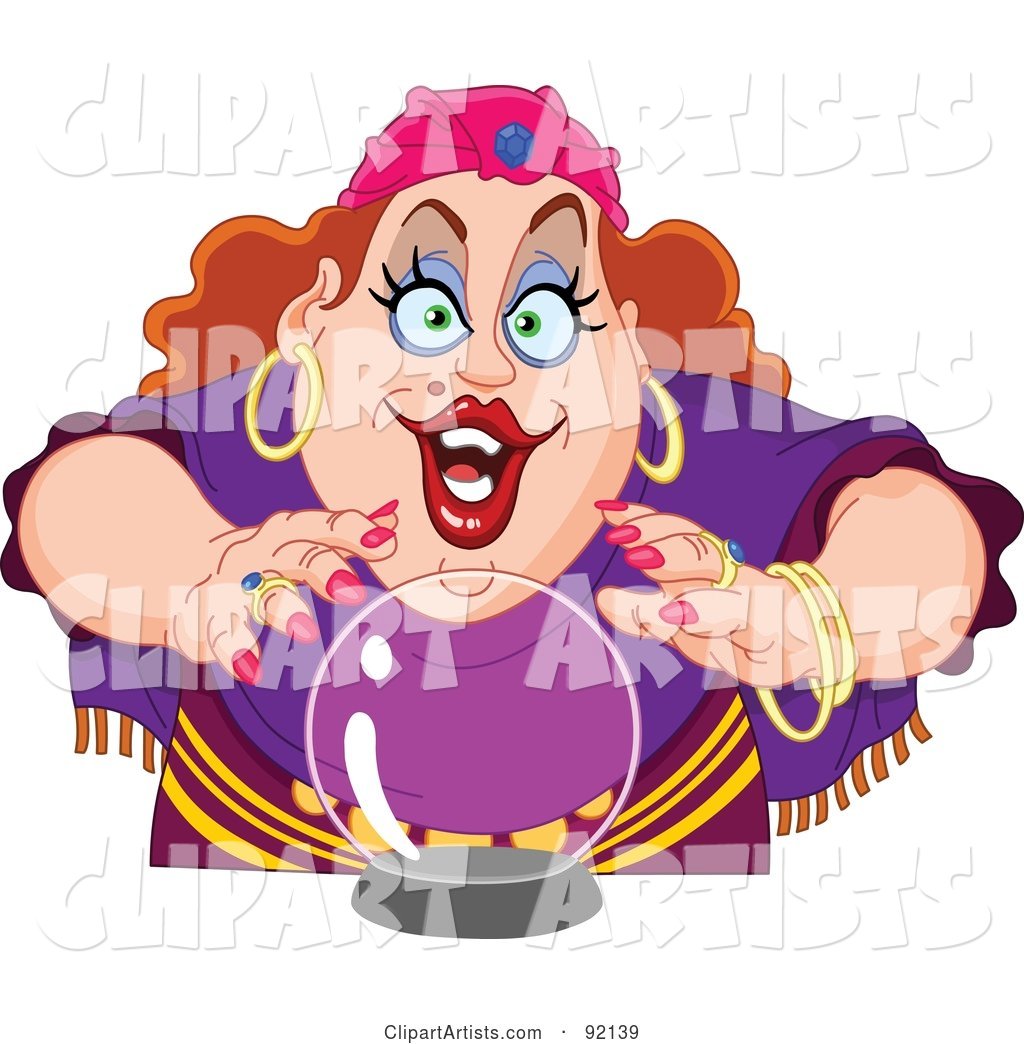 Red Haired Gypsy Fortune Teller Woman Looming over a Crystal Ball