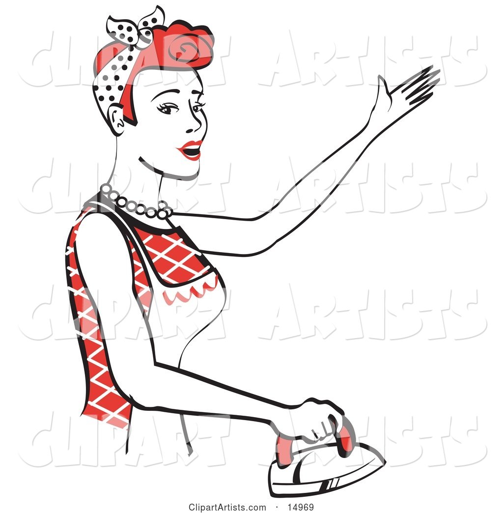 Red Haired Housewife or Maid Woman Singing While Ironing Clothes and Doing the Laundry