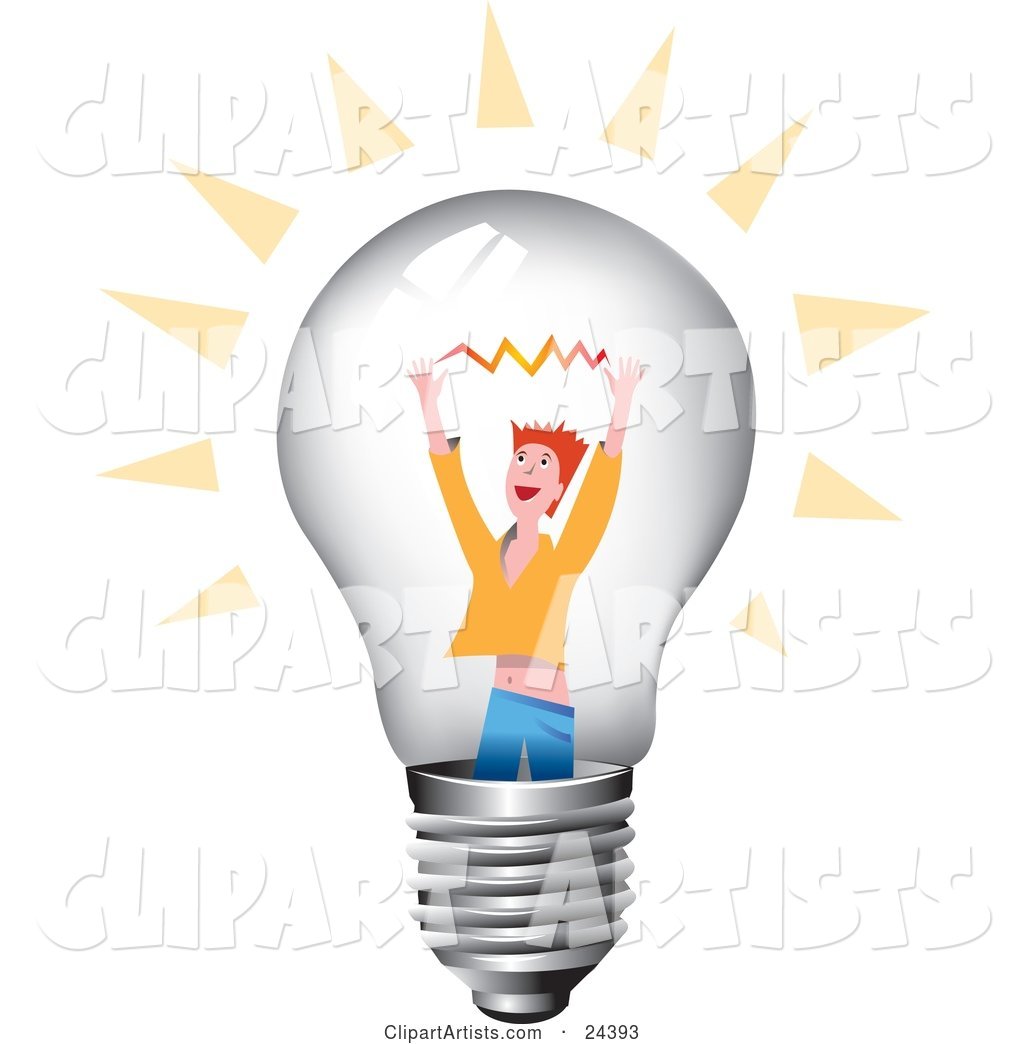 Red Haired Man Holding up His Arms with a Spark Inside a Clear Glass Lightbulb