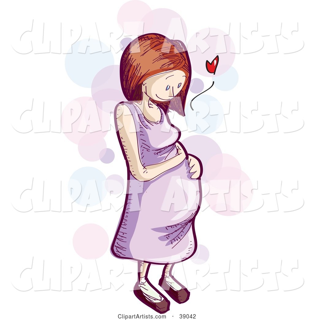 Red Haired Pregnant Woman Looking at Her Belly with Love, on a Pastel Bubble Background