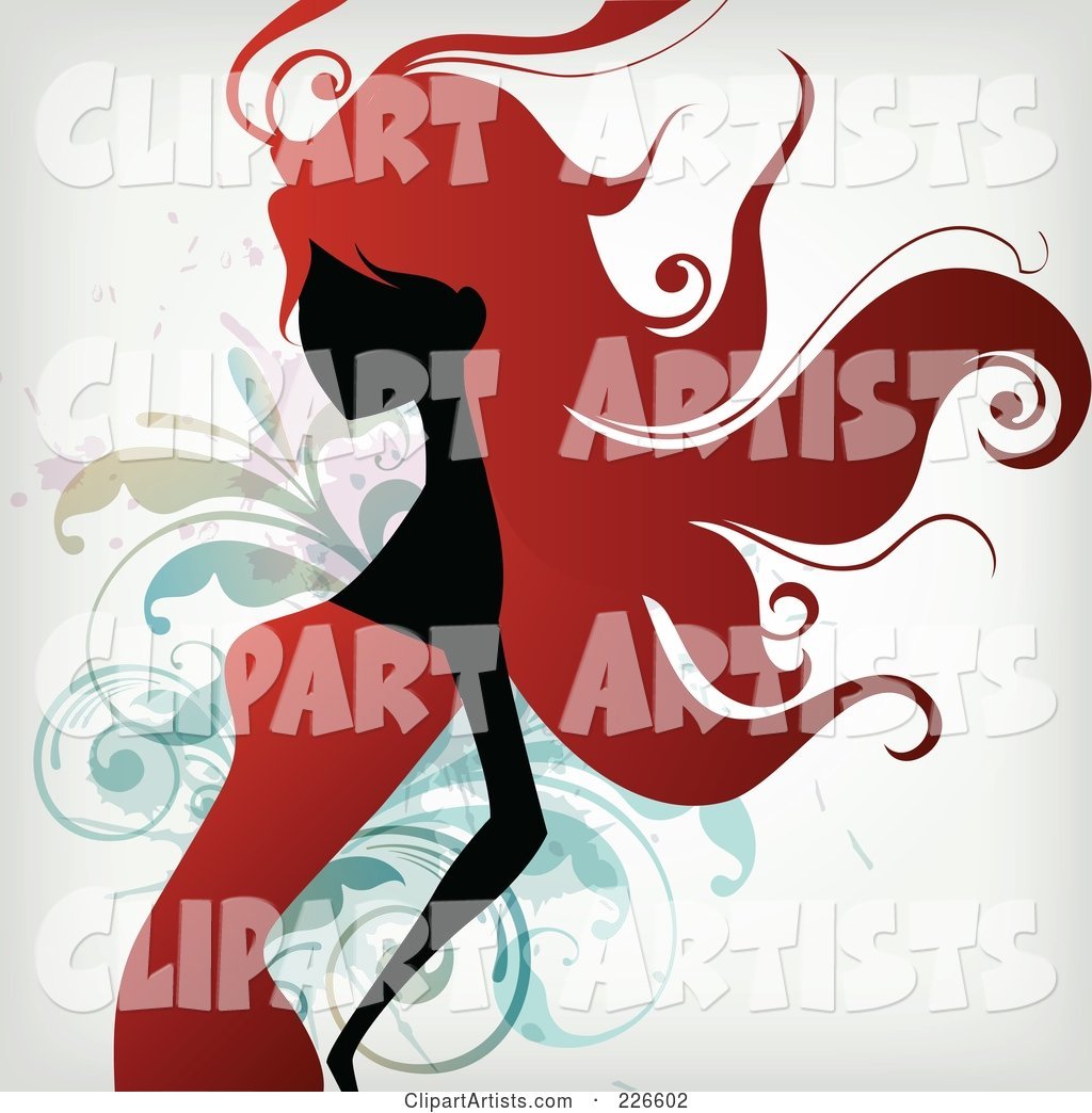 Red Haired Woman in a Red Dress over Splatters and Foliage