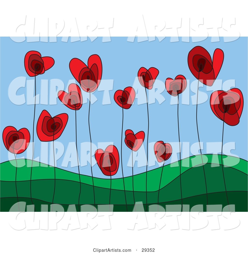 Red Heart Flowers Growing in a Green Hilly Landscape, Symbolizing a Growing Love