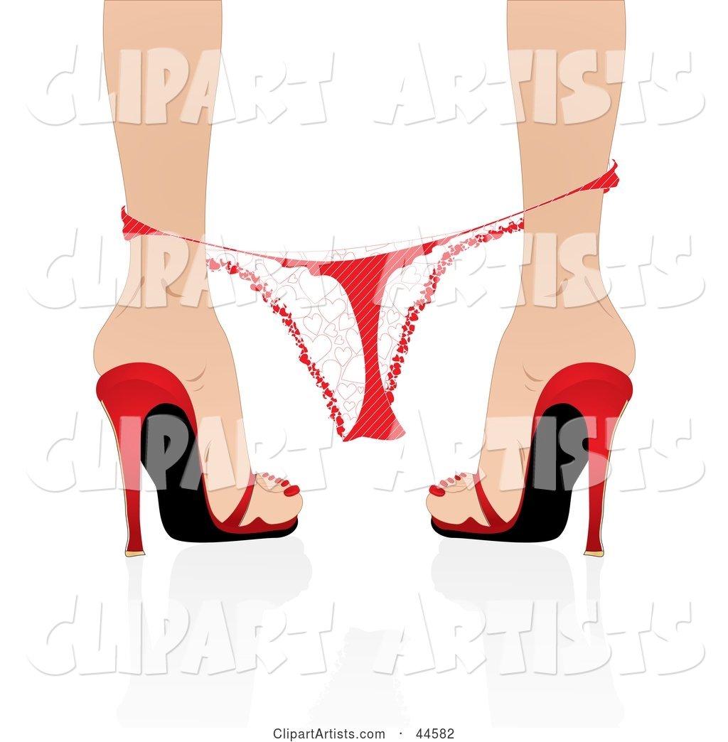 Red Heels, Her Red Thong Panties Hanging on Her Ankles