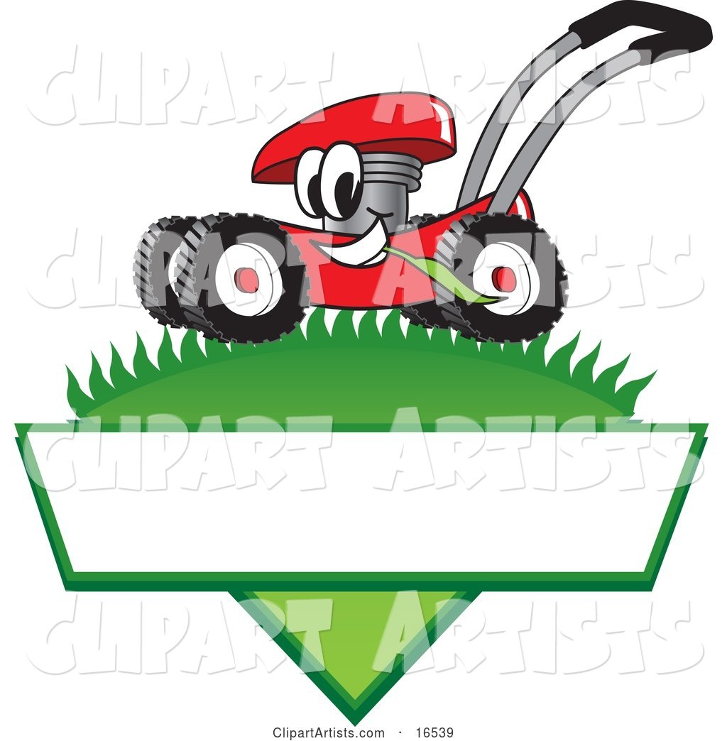 Red Lawn Mower Mascot Cartoon Character Mowing Grass over a Blank White Label