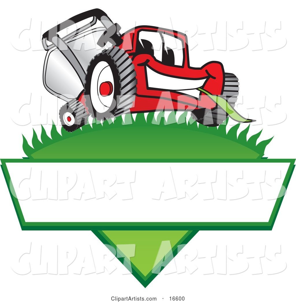 Red Lawn Mower Mascot Cartoon Character on a Grassy Hill on a Blank Label