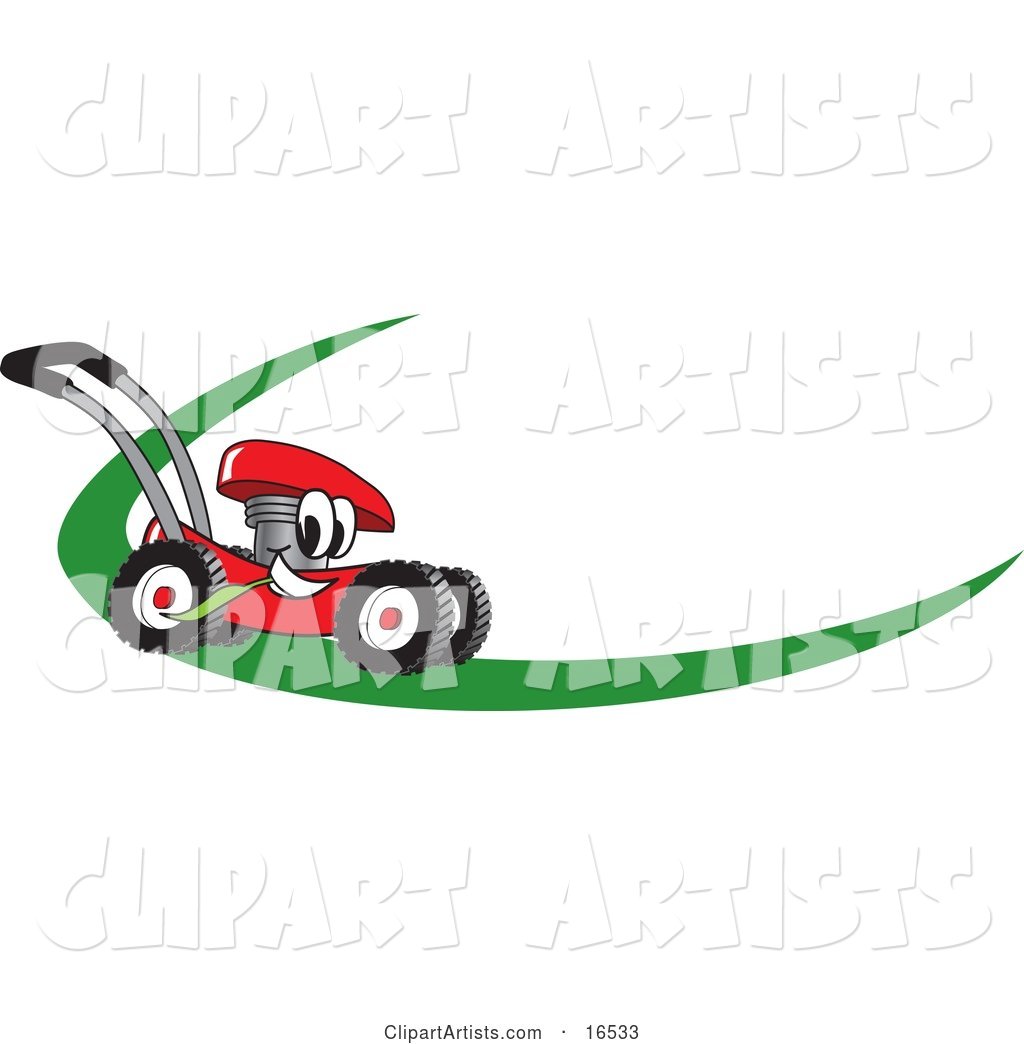 Red Lawn Mower Mascot Cartoon Character on a Logo or Nametag with a Green Dash