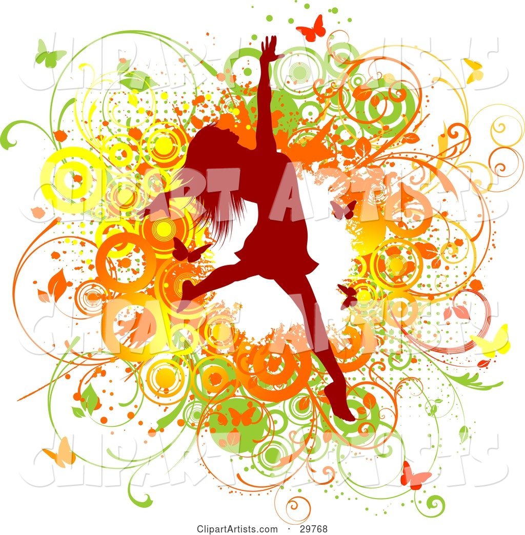 Red Silhouetted Woman Leaping over a Green, Yellow and Orange Grunge Background of Vines, Circles and Butterflies