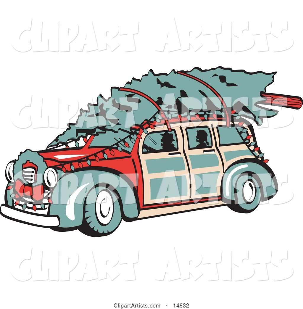 Red Woodie Car Carrying a Christmas Tree on the Roof, Decorated in Christmas Lights and a Wreath