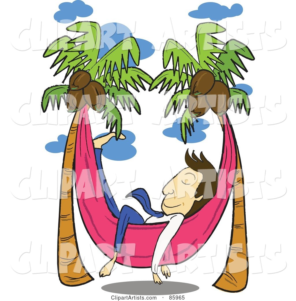 Relaxed Businessman Napping in a Hammock Between Coconut Palm Trees