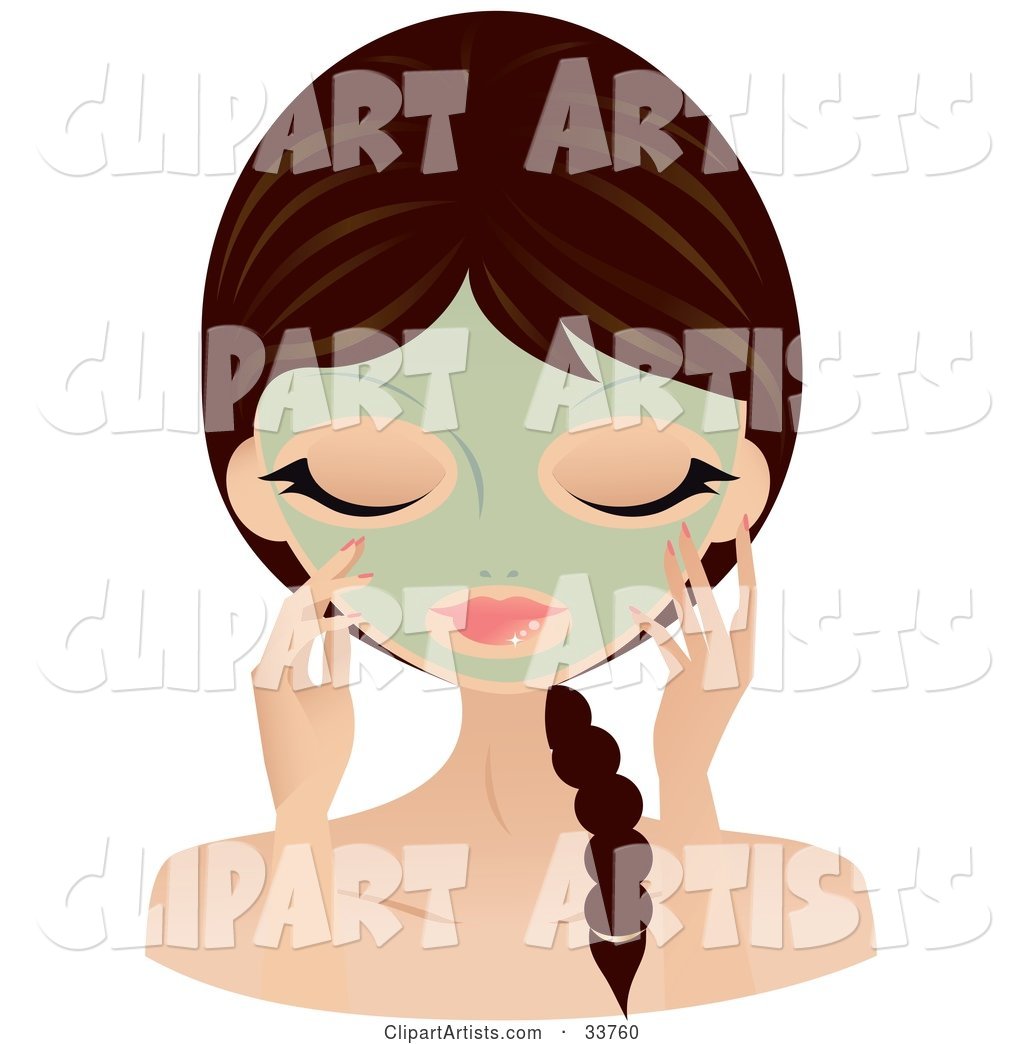 Relaxed Caucasian Woman with Her Hair in a Braid, Touching the Green Seaweed Mask on Her Face