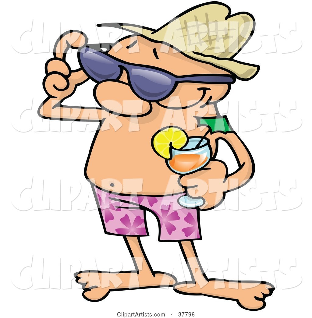 Relaxed Guy in Shorts, Holding a Cocktail and Adjusting His Sunglasses While on Vacation